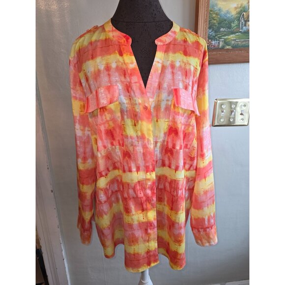 Calvin Klein Womens XL Long Sleeve Blouse Tie-Dye Yellow & Orange - Picture 1 of 7